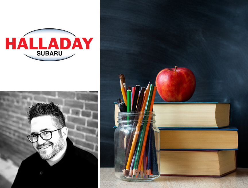 A photo of stacked books with an apple on them, next to the guest speaker, Joel Roedel and the Halladay Subaru logo.